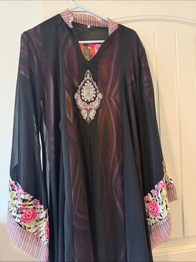 Sheer Black Embroidered Kaftan with Pink Floral Cuffs